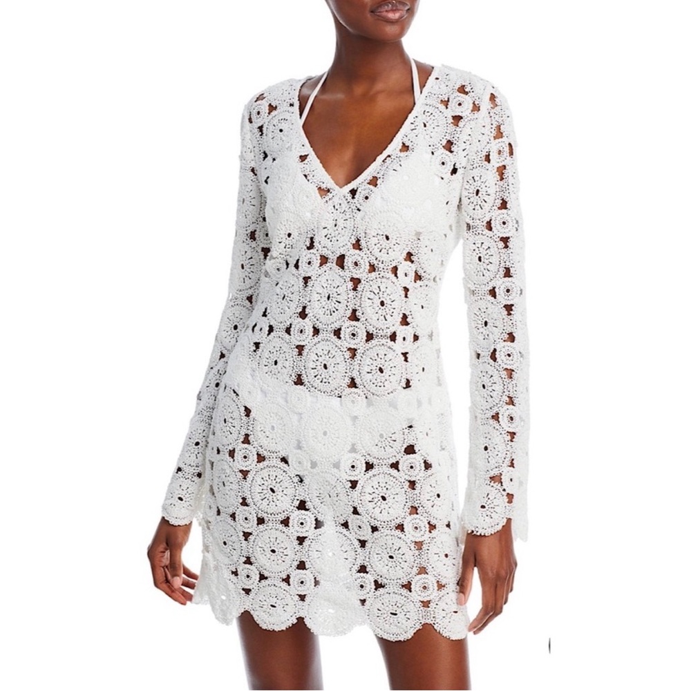 Aqua White Crochet Long-Sleeve Swim Coverup